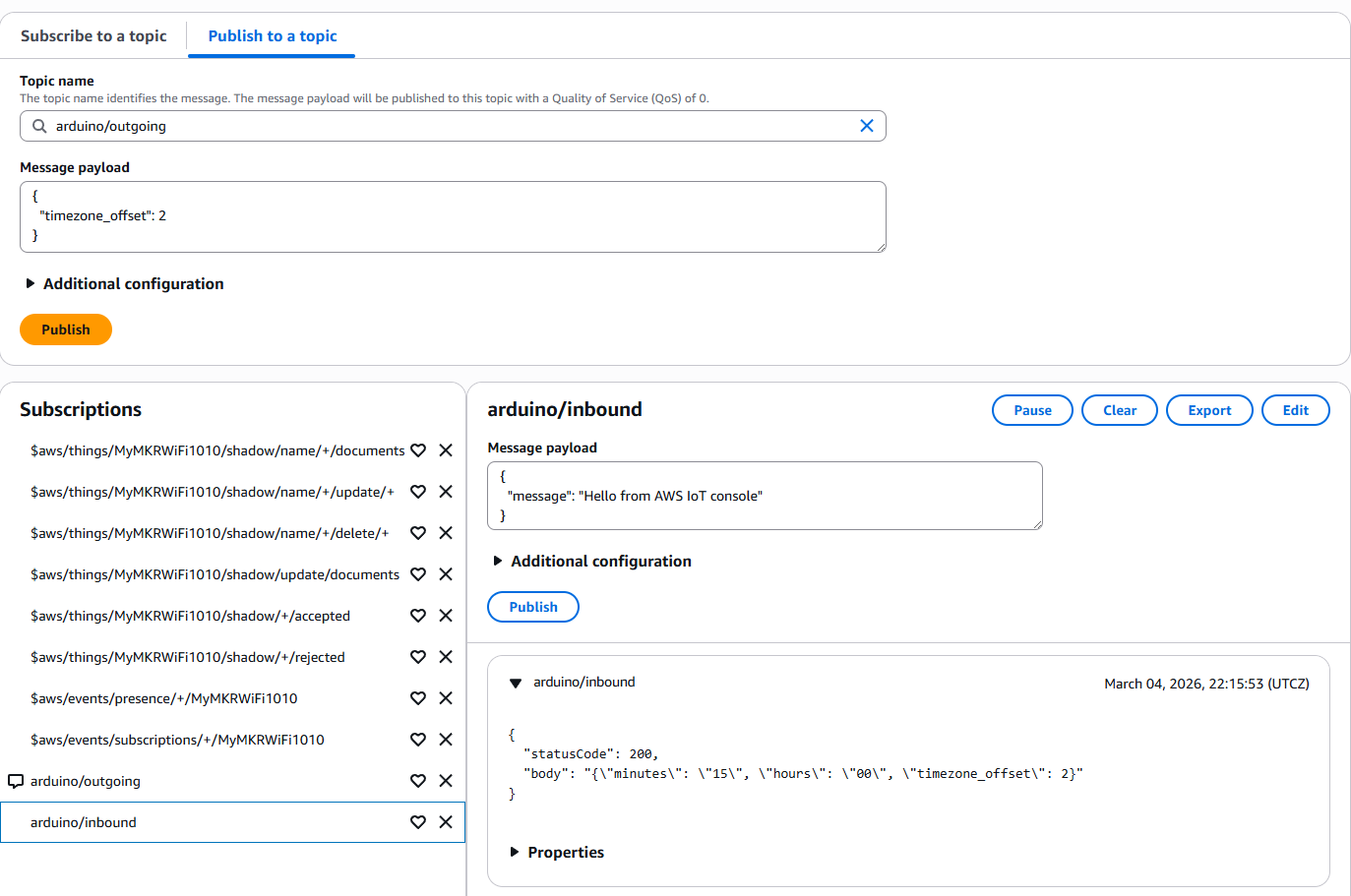 MQTT test client showing inbound messages